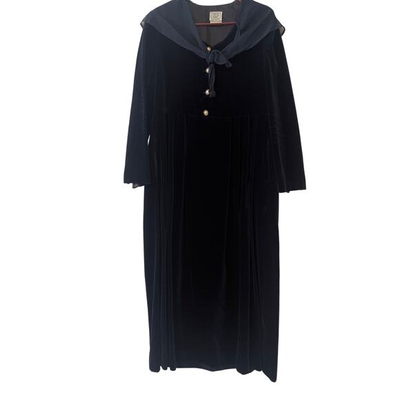 Laura Ashley Blue Velvet Shawl Collar Pearl Button Front Size 6 Vintage Dress - Picture 1 of 11